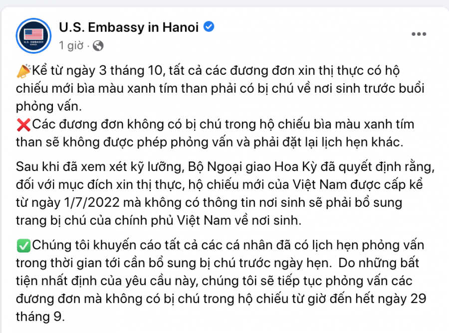 Thông tin được Đại sứ quán Mỹ tại Hà Nội đăng tải trên facebook chính thức.