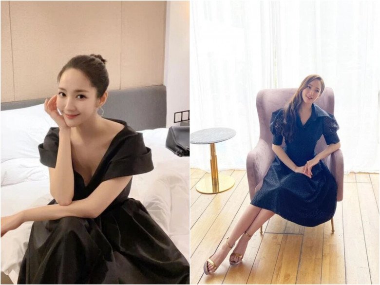 Những chiếc váy cổ V gợi cảm kèm thêm chi tiết nhấn eo giúp Park Min Young tôn được vóc dáng yêu kiều, nữ tính.