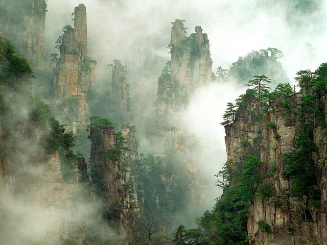 Những đám mây bao phủ các cột sa thạch khổng lồ ở Công viên Trương Gia Giới (Trung Quốc).