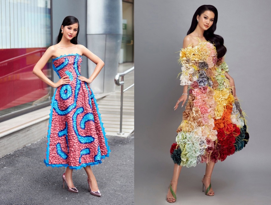 Trước đó, Hương Ly từng xuất hiện với những bộ váy độc đáo từ vải vụn, thạch rau câu trong suốt quá trình tham gia cuộc thi.