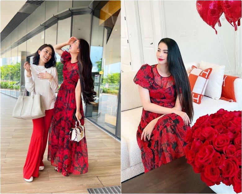 Gặp lại học trò cũ Linh Rin, Phạm Hương tỏ ra lấn át với chiếc váy hoa hồng đỏ từng được mỹ nhân diện chup ảnh sau khi sinh bé thứ 2.
