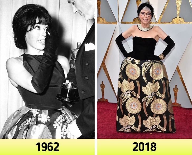 Rita Monroe nhận giải Oscar vào năm 1962 trong chiếc váy cổ yếm và tùng váy xòe bồng. 56 năm sau, nữ diễn viên mặc lại thiết kế này nhưng phần thân áo đã được thay đổi để trở thành một chiếc áo quây.