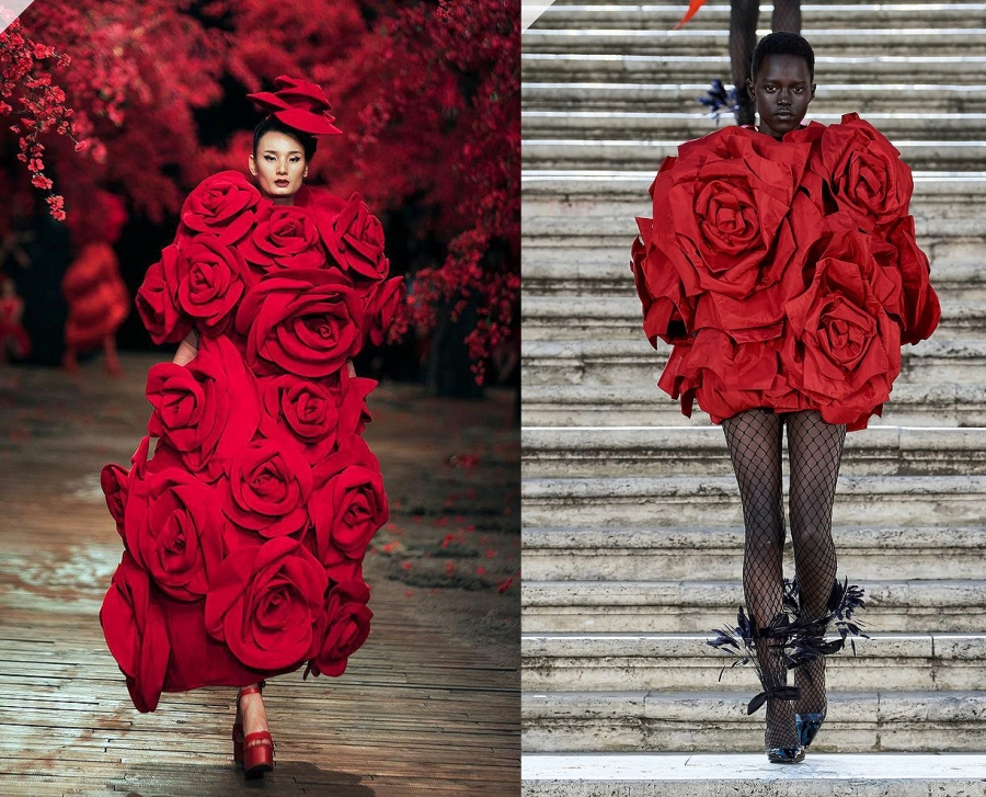 Kiểu váy hoa hồng từng xuất hiện trong BST Đỗ Mạnh Cường và BST Haute Couture 2022 của Valentino.