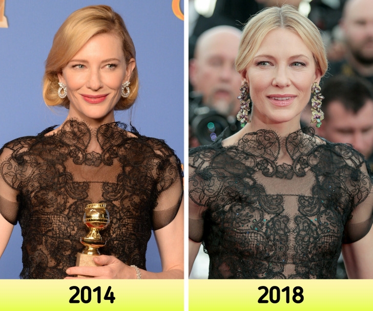 Cate Blanchett không chỉ là một ngôi sao tài năng mà còn là một người có gu ăn mặc nổi trội. Ngay cả khi có stylist cá nhân, Cate vẫn để lại dấu ấn cá nhân trong phần lớn những thiết kế cô mặc. Vào năm 2018, Cate được bắt gặp mặc lại một thiết kế từng được cô diện từ năm 2014. Đó là một chiếc váy ren xuyên thấu tuyệt đẹp, với phần cổ chờm nữ tính.
