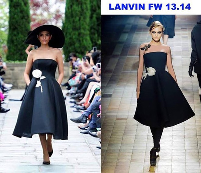 Đố bạn tìm ra được sự khác nhau giữa những thiết kế của Đỗ Mạnh Cường (bên trái) và thiết kế của Lanvin? Có lẽ điểm khác nhau là phần tùng váy trong thiết kế cúa Đỗ Mạnh Cường cứng hơn nhiều so với thiết kế của Lanvin.
