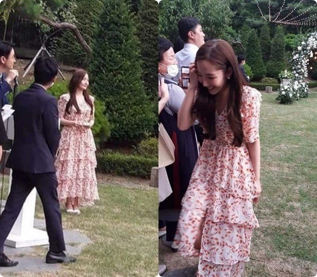 Park Min Young chọn váy hoa xếp tầng tại lễ cưới bạn thân.
