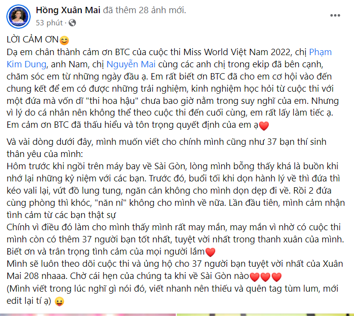 Lương Hồng Xuân Mai đăng tải bài viết rút khỏi cuộc thi Hoa hậu Thế giới Việt Nam 2022