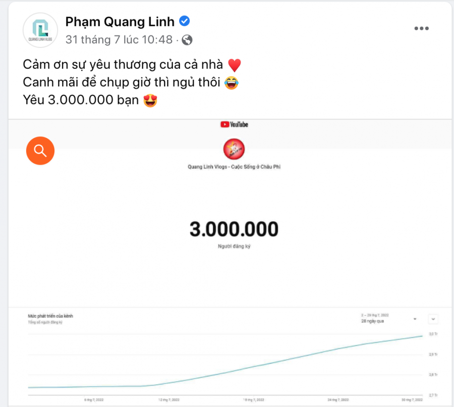 Quang Linh Vlogs đạt 3 triệu người đăng ký trên Youtube 'Quang Linh Vlogs - Cuộc sống ở Châu Phi'.