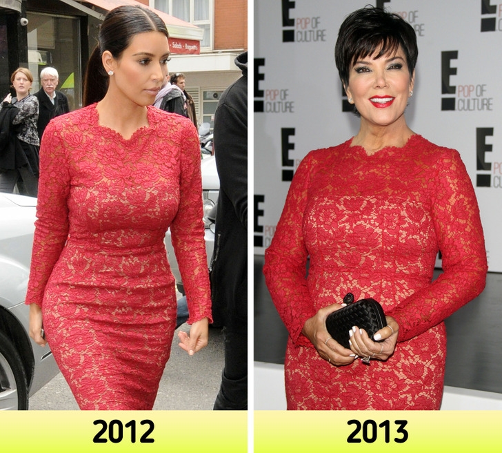 Kim Kadarshian mặc chiếc váy ren đỏ ôm sát vào năm 2012. Một năm sau, mẹ của cô đã mặc lại thiết kế này.