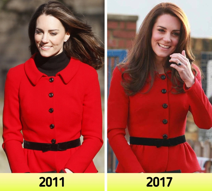 Kate Middleton mặc lại thiết kế áo choàng dạ dáng váy từng mặc năm 2011. Dường như Công nương Anh không có quá nhiều sự thay đổi dù 6 năm đã trôi qua.
