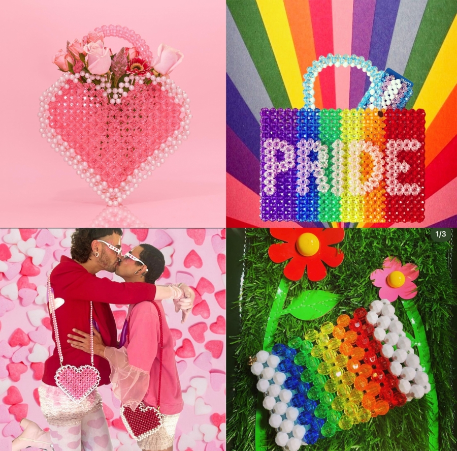 Túi hạt cườm trái tim và túi từ màu cờ LGBTQ+, thể hiện sự bình đẳng trong tình yêu.