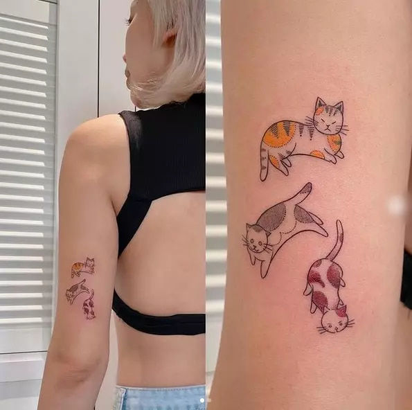 Gần đây, nữ diễn viên khiến cộng đồng mạng không khỏi thích thú khi xăm thêm hình những chú mèo lên cánh tay. Ai cũng biết đây chính là hình vẽ 3 'hoàng thượng' của Tóc Tiên.