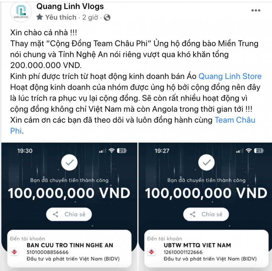 Quang Linh Vlogs ủng hộ đồng bào miền Trung 200 triệu đồng từ hoạt động kinh doanh cá nhân của mình.