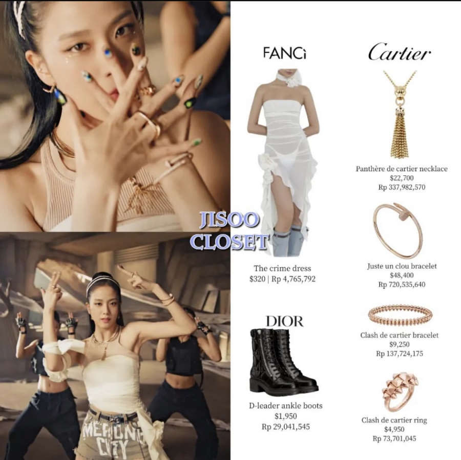 Jisoo cũng đã sử dụng một chiếc váy từ Fancì Club trong cảnh đầy đủ thành viên nhưng chiếm ưu thế hơn cả là bộ trang sức trị giá 2 tỷ đồng của Cartier.