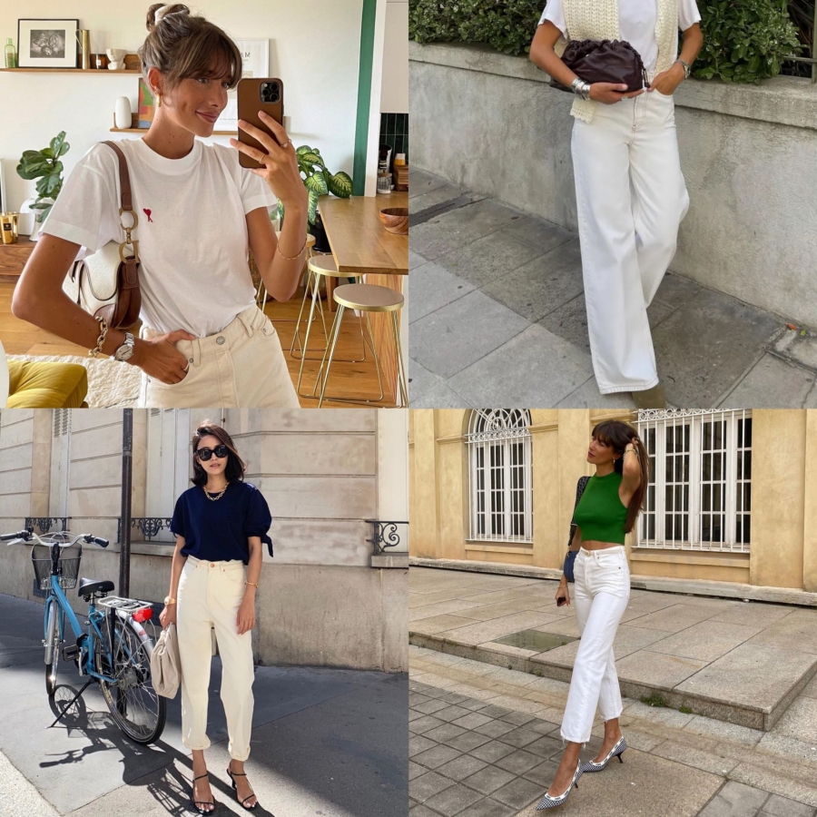 Quần jeans trắng đơn giản và thanh lịch nên không thể thiếu trong tủ đồ của gái Pháp. Nếu khéo léo mix and match, bạn còn có thể diện chúng đi làm cũng được nữa đấy.