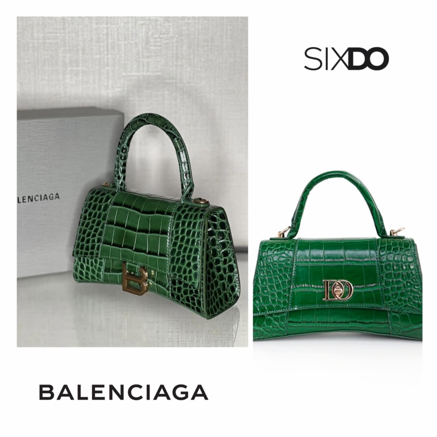 Túi Balenciaga và túi SIXDO với phom dáng cá tính, chất liệu giả da cá sấu. Điều duy nhất khác biệt là phần cài khoá.