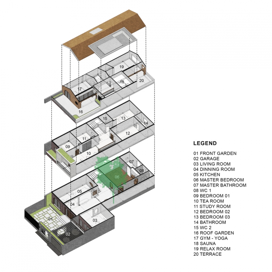 Sơ đồ thiết kế công trình “3Become1 House” do Space + Architecture cung cấp.