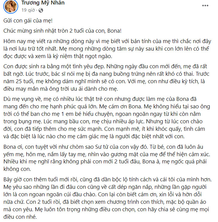 Bài đăng tải của Trương Mỹ Nhân cho thấy cô bé cũng sinh nhật ngày 31/7, cũng tên Bona.