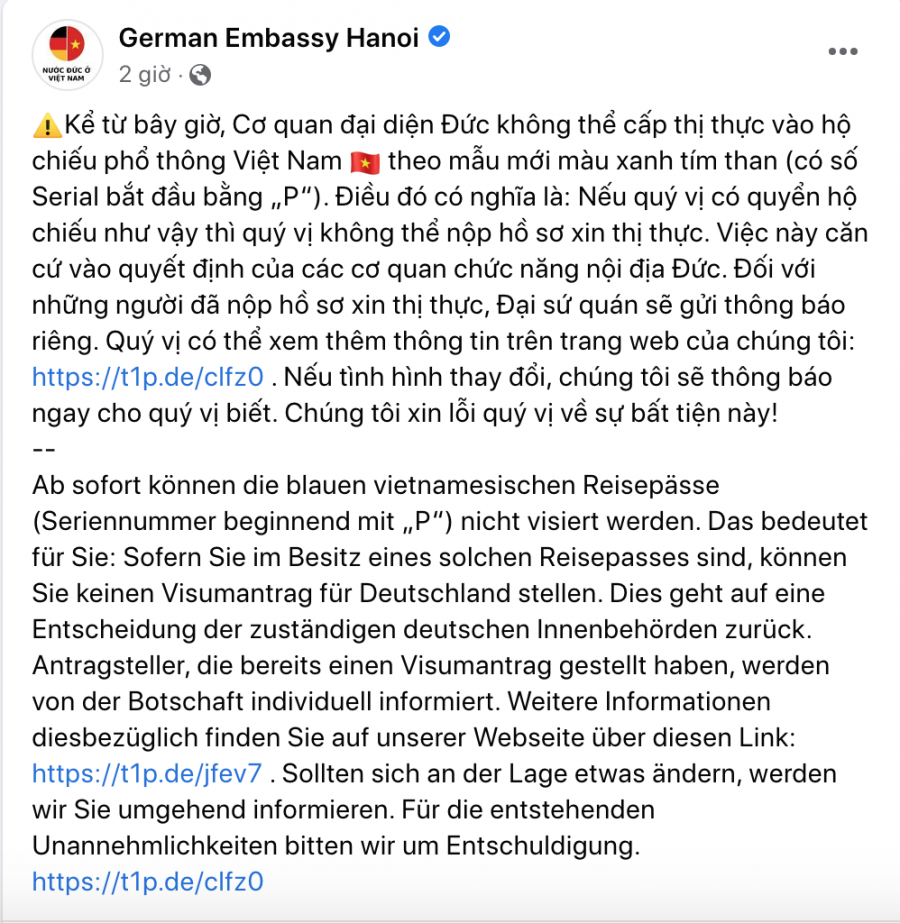 Thông tin được chia sẻ trên trang fanpage chính thức của Đại sứ quán Đức.