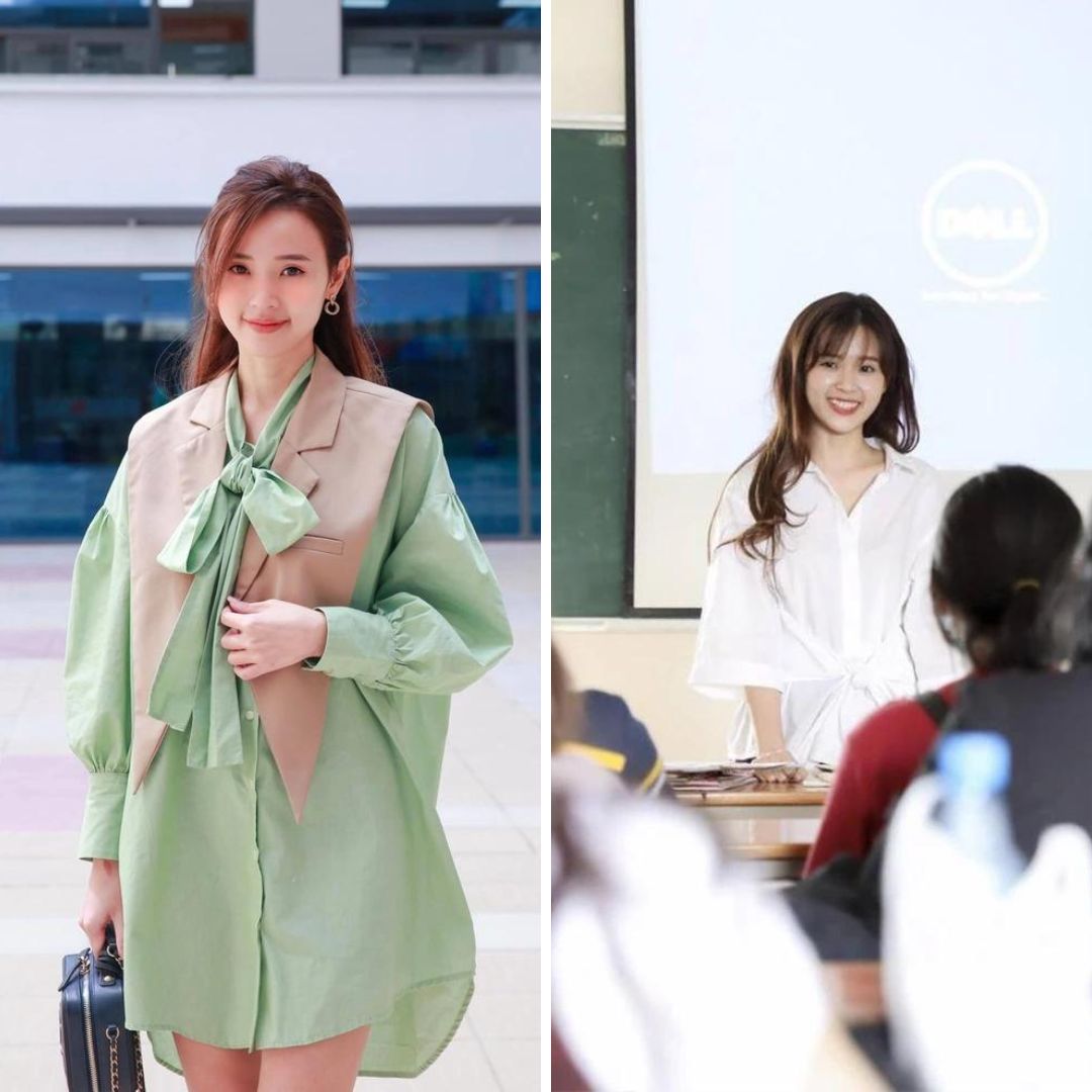 Tuy nhiên, khi đi làm, Midu rất biết tiết chế và ăn mặc sao cho phù hợp với môi trường giảng đường. Nữ diễn viên thường diện những bộ cánh kín đáo, lịch sự, mang hơi hướng công sở