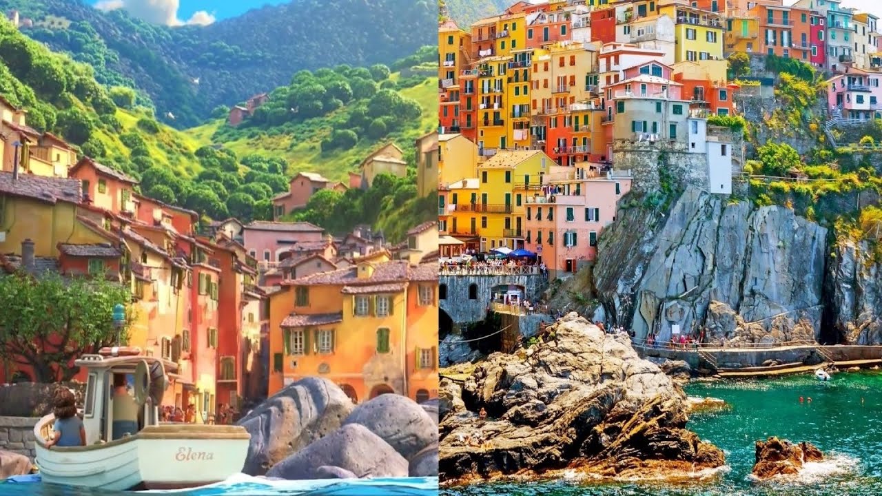 Thị trấn giả tưởng Portorosso (trái) được lấy cảm hứng từ địa danh Cinque Terre (phải). Ảnh: Dreaming Italy Relaxation/Youtube
