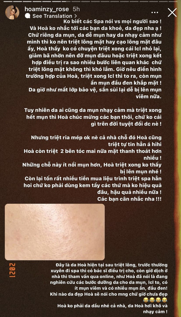 Để chứng minh tình trạng da đang gặp phải, Hòa Minzy đã đính kèm hình ảnh làn da nổi mụn li ti và lỗ chân lông nở to.