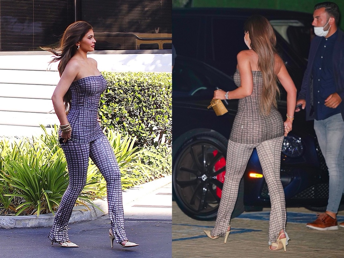 Cộng đồng mạng đã phát hiện ra 'màn đụng hàng' của Kendall và cô em Kylie Jenner khi Kylie đã diện thiết kế này vào hồi tháng 8/2020. Trái với thân hình có phần mảnh mai của chị gái, Kylie đã phô diễn vòng 1 và vòng 3 'nảy lửa' của mình