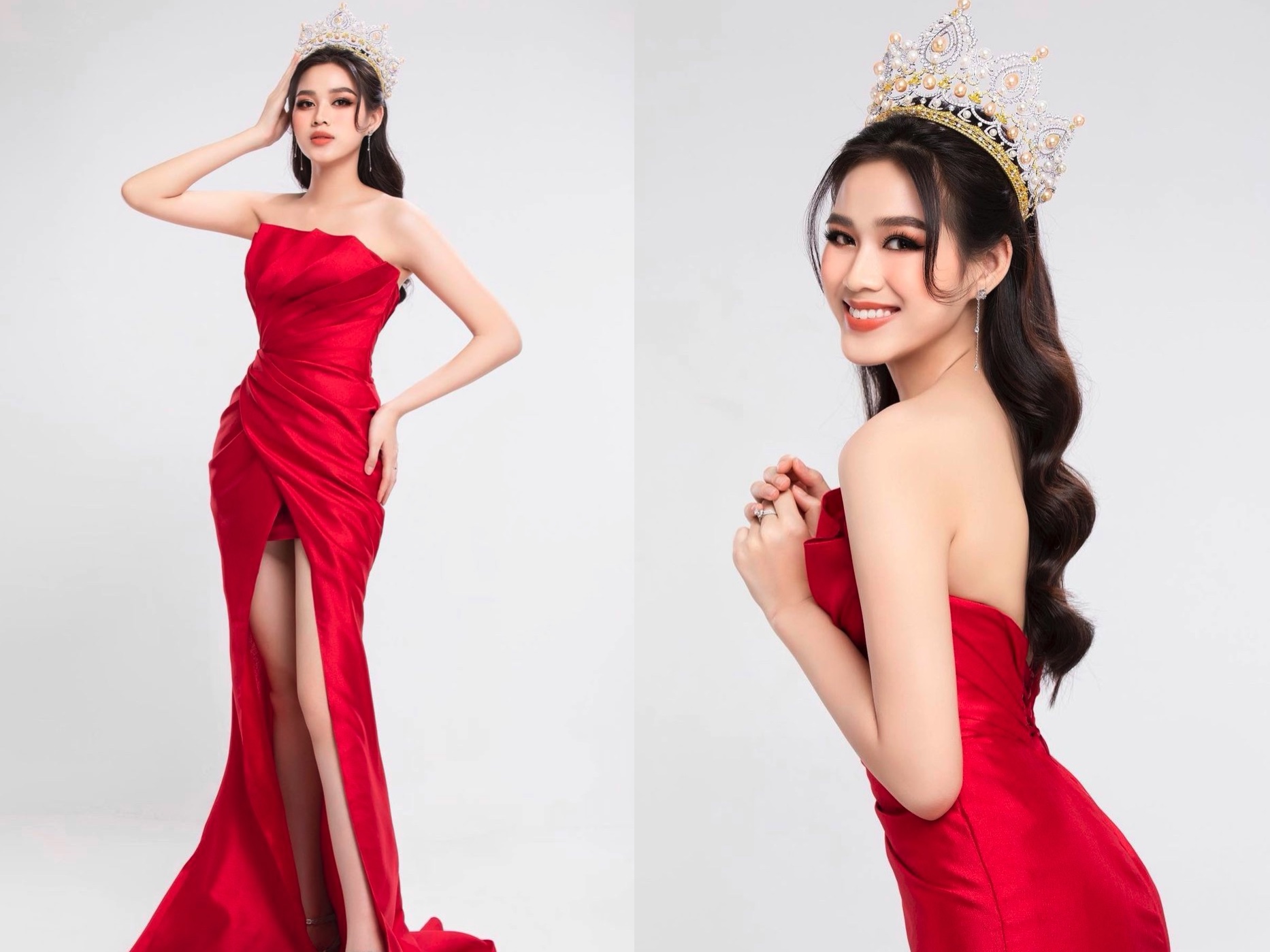 Trong bộ ảnh kỉ niệm sinh nhật tuổi 20, nàng Hoa hậu gây ấn tượng với sự rạng rỡ và tự tin trong chiếc đầm đỏ dáng dài tôn lên nước da trắng cùng đôi chân dài miên man của mình