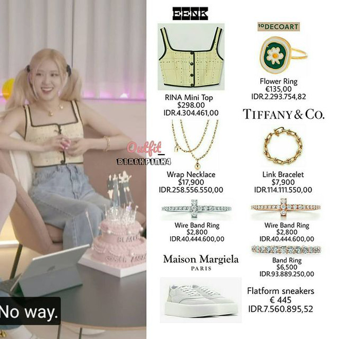 Dù không đầu tư vào trang phục như Jisoo và Jenny nhưng Rose vẫn thể hiện đẳng cấp của mình khi diện những món phụ kiện đắt giá đến từ thương hiệu Tiffany & Co.  Cư dân mạng không khỏi sốc khi chiếc váy của cô có giá lên tới 894 triệu đồng.