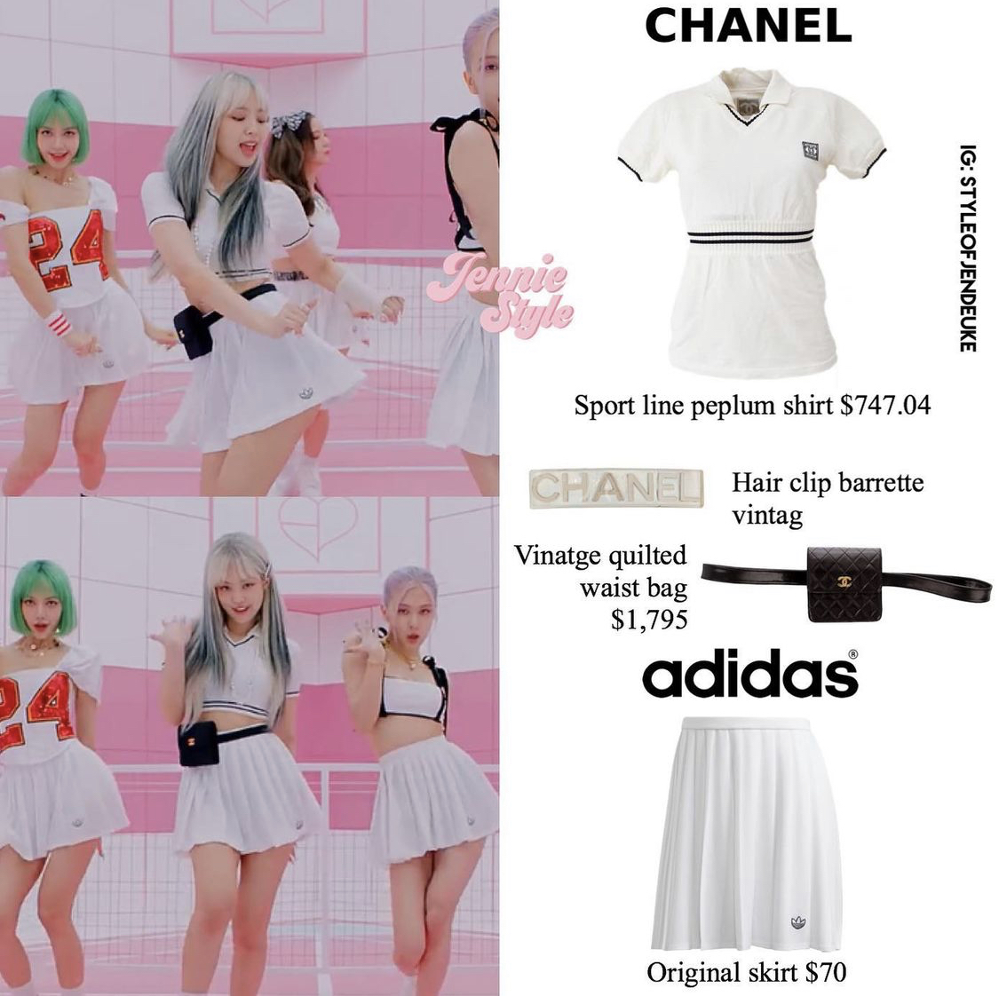 Trong MV Ice Cream, Jennie diện áo polo croptop và chân váy tennis trắng toát lên sự năng động và nữ tính. Dưới bàn tay của đội ngũ stylist, chiếc áo phông Chanel trông xịn xò hơn hẳn bản gốc.