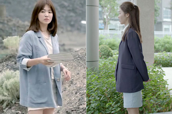 Cũng diện blazer như Song Hye Kyo nhưng Khả Ngân lại lựa chọn một chiếc blazer oversized tối màu cùng chân váy trông khá luộm thuộm và không thể toát lên thần thái sang chảnh như bản gốc.