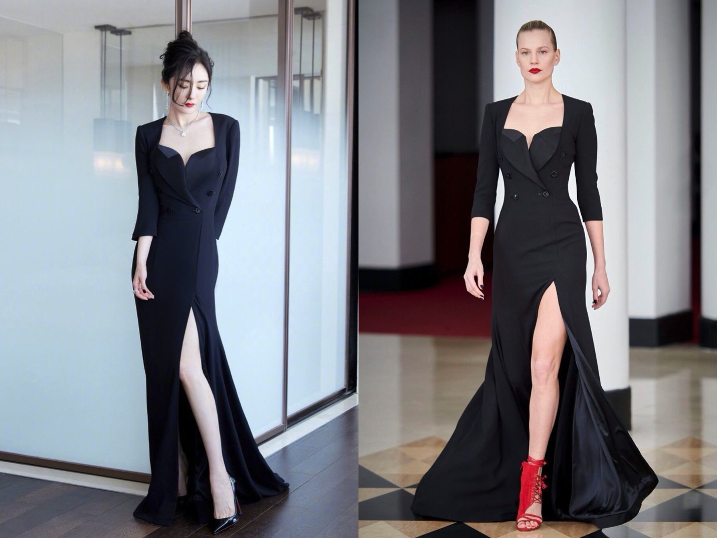 Xuất hiện trong chiếc váy đen tinh tế của NTK Alexis Mabille, Dương Mịch chiếm trọn spotlight trên thảm đỏ sự kiện. Chiếc váy được thiết kế với phần thân trên lịch sự và phần đuôi váy dài xẻ cao là lựa chọn phù hợp đem đến cho cô nàng một phong cách vừa thanh lịch lại vừa quyến rũ.