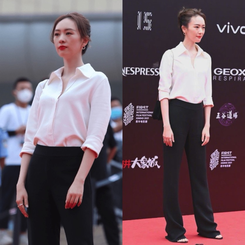 Xuất hiện trên thảm đỏ Liên hoan phim, Đồng Dao gây ấn tượng khi chọn một bộ đồ vô cùng đơn giản gồm áo sơ mi trắng và quần tây lưng cao màu đen.