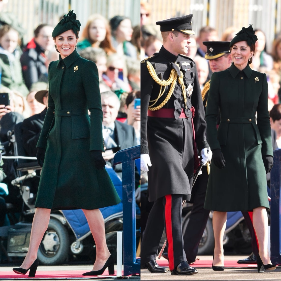 Trong một sự kiện, Công nương Kate đã lựa chọn một chiếc áo khoác dáng dài màu xanh lá cây đậm cũng của Alexander McQueen cùng chiếc mũ đồng màu. Dù diện những thiết kế 'kín cổng cao tường' như thế này nhưng Công nương Kate vẫn thể hiện rõ đẳng cấp của một vị Công nương quý phái và thanh lịch nhất thế giới.Tổng giá trị outfit này nằm trong khoảng 00 (~102 triệu).