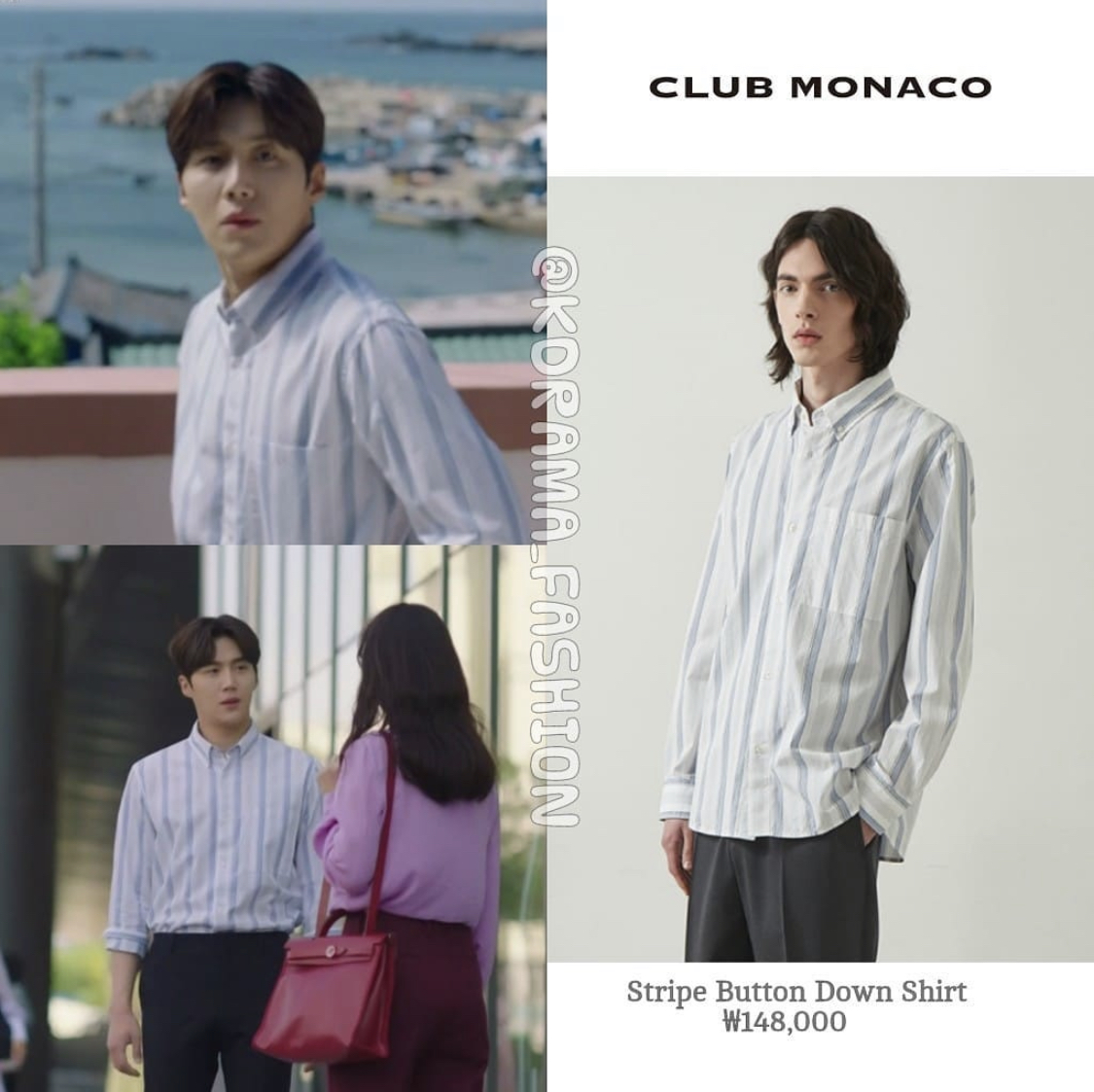 Đôi khi, 'trai làng biển' Doo Shik lại 'đổi gió' diện áo sơmi kẻ sọc dọc đơn giản và lịch sự cùng quần vải đen. Chiếc áo này là một thiết kế của thương hiệu Club Monaco có giá 'sương sương' khoảng gần 3 triệu đồng.