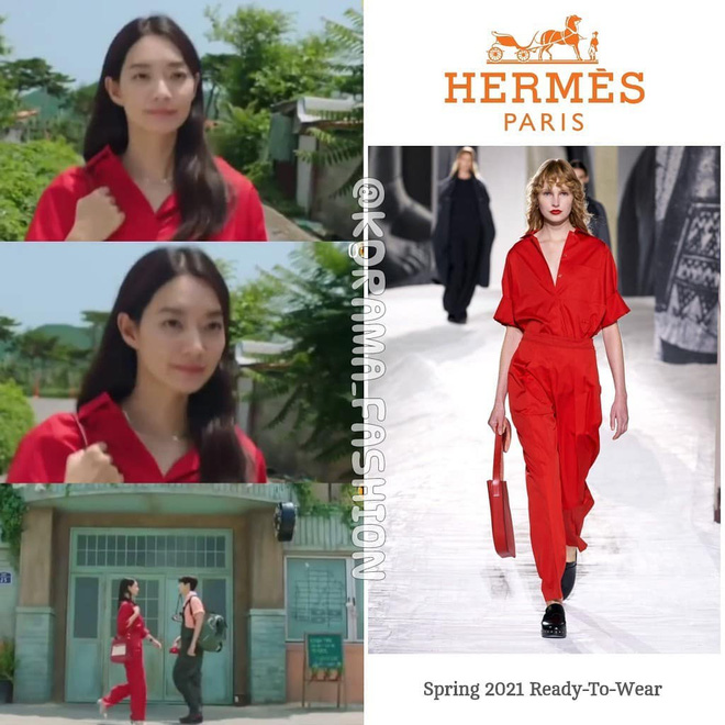 Bên cạnh những chiếc túi xách, Shin Min Ah còn diện cả bộ jumpsuit đỏ rực nằm trong BST Xuân - Hè 2021 của Hermes.