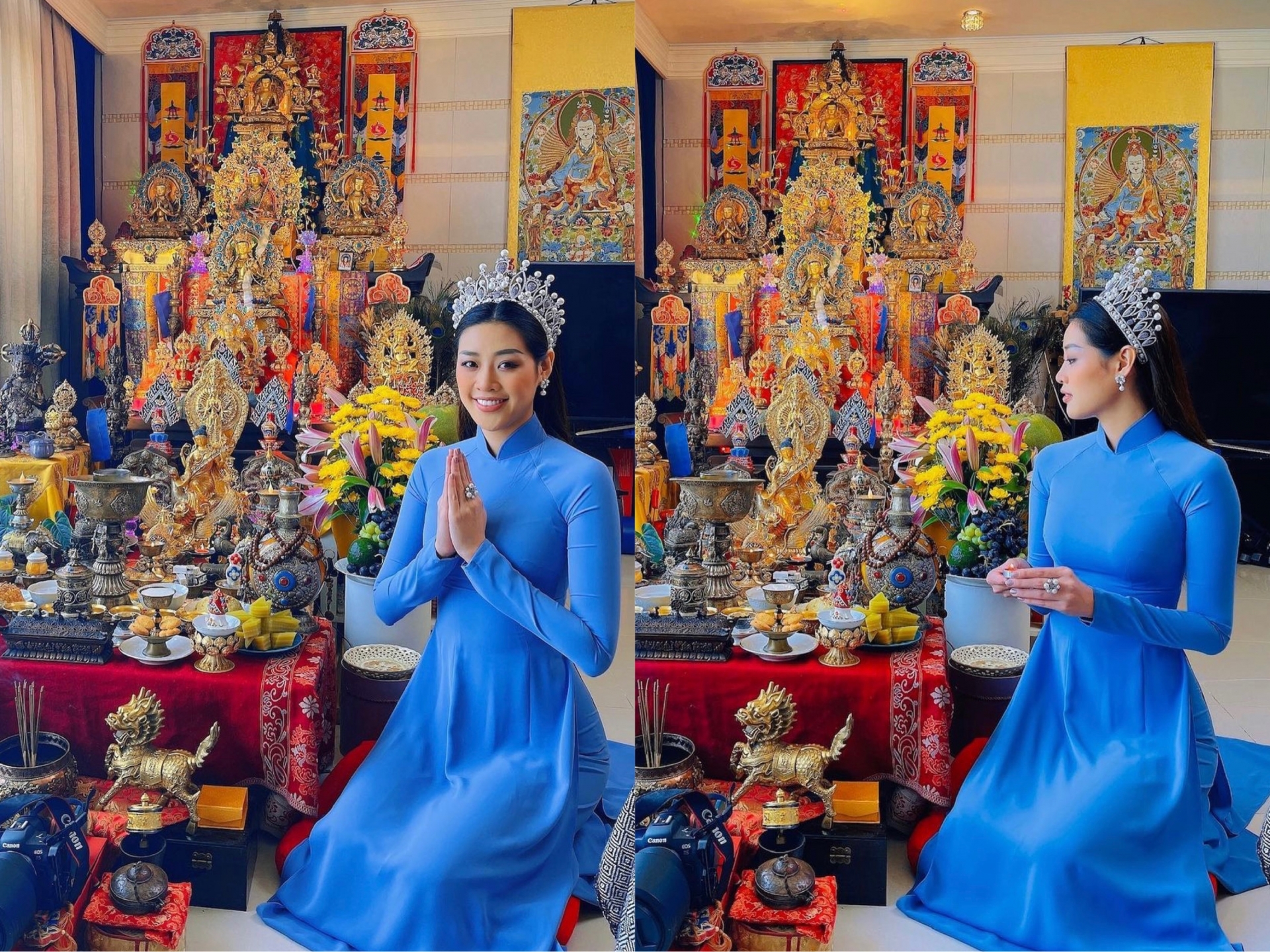 Lựa chọn diện một chiếc áo dài để bày tỏ lòng kính trọng với ông Tổ ngành sân khấu, Hoa hậu Khánh Vân nhận được 'cơn mưa lời khen' từ cộng đồng mạng. Người đẹp cũng không quên đội chiếc vương miện lộng lẫy để thêm phần ấn tượng.