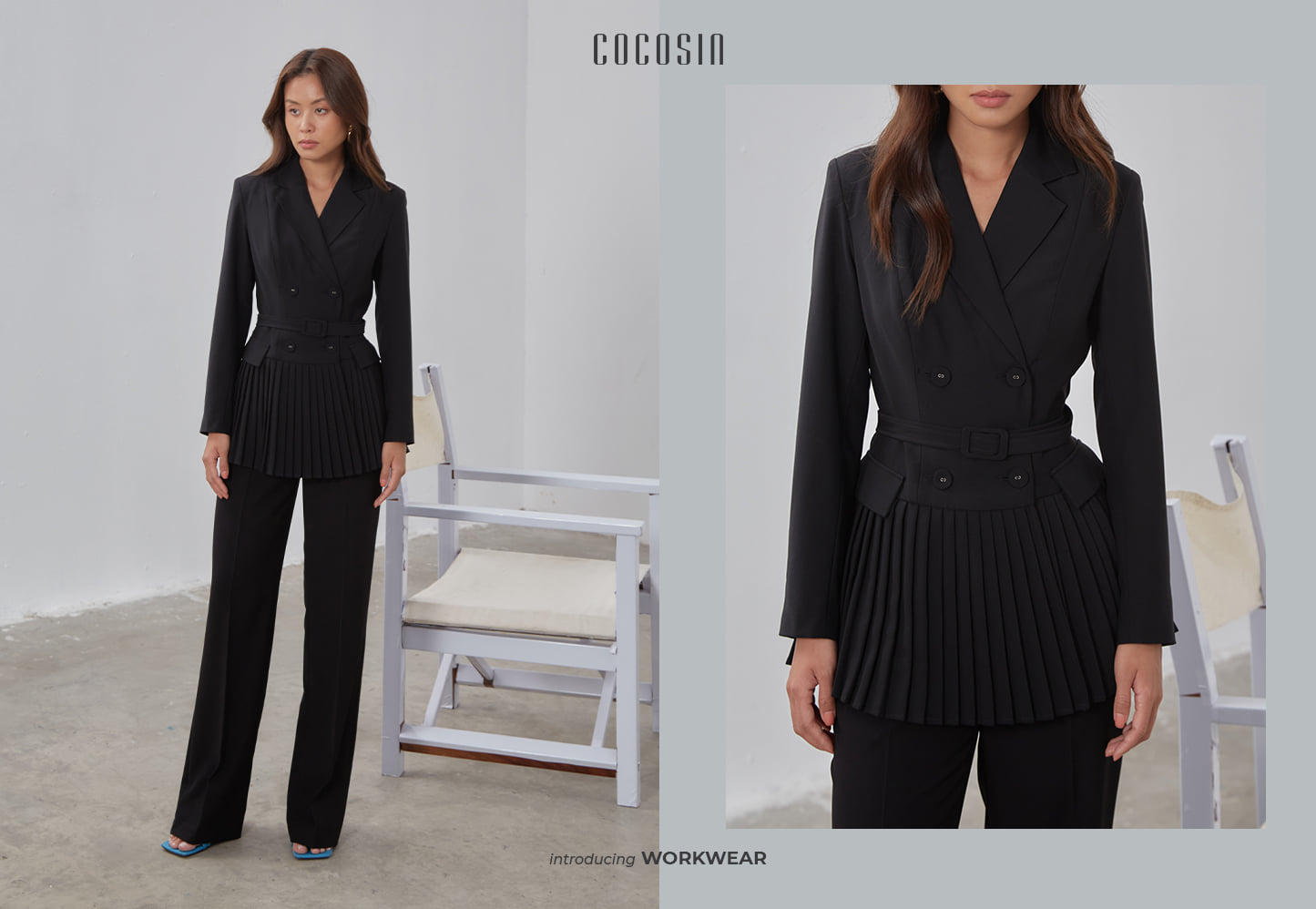 Lựa chọn một set đồ của Cocosin gồm áo blazer giá 850.000 đồng và quần ống rộng 650.000 đồng, Khánh Thy toát lên khí chất của một người phụ nữ hiện đại và thành đạt.