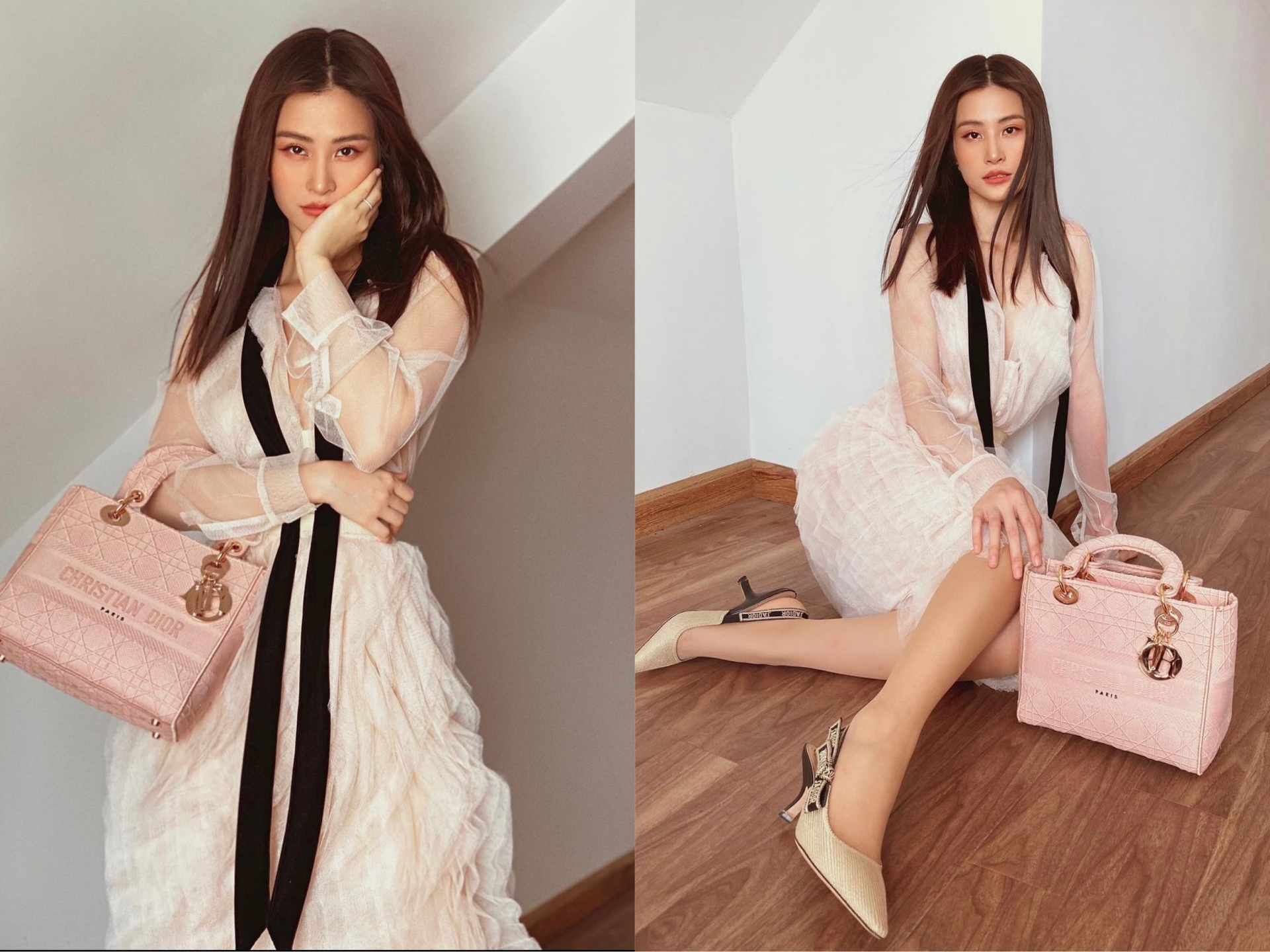Bà xã của Ông Cao Thắng khoe diện mạo xinh đẹp và nữ tính bên cạnh chiếc túi Lady Dior màu hồng ngọt ngào có giá khoảng 106 triệu đồng.