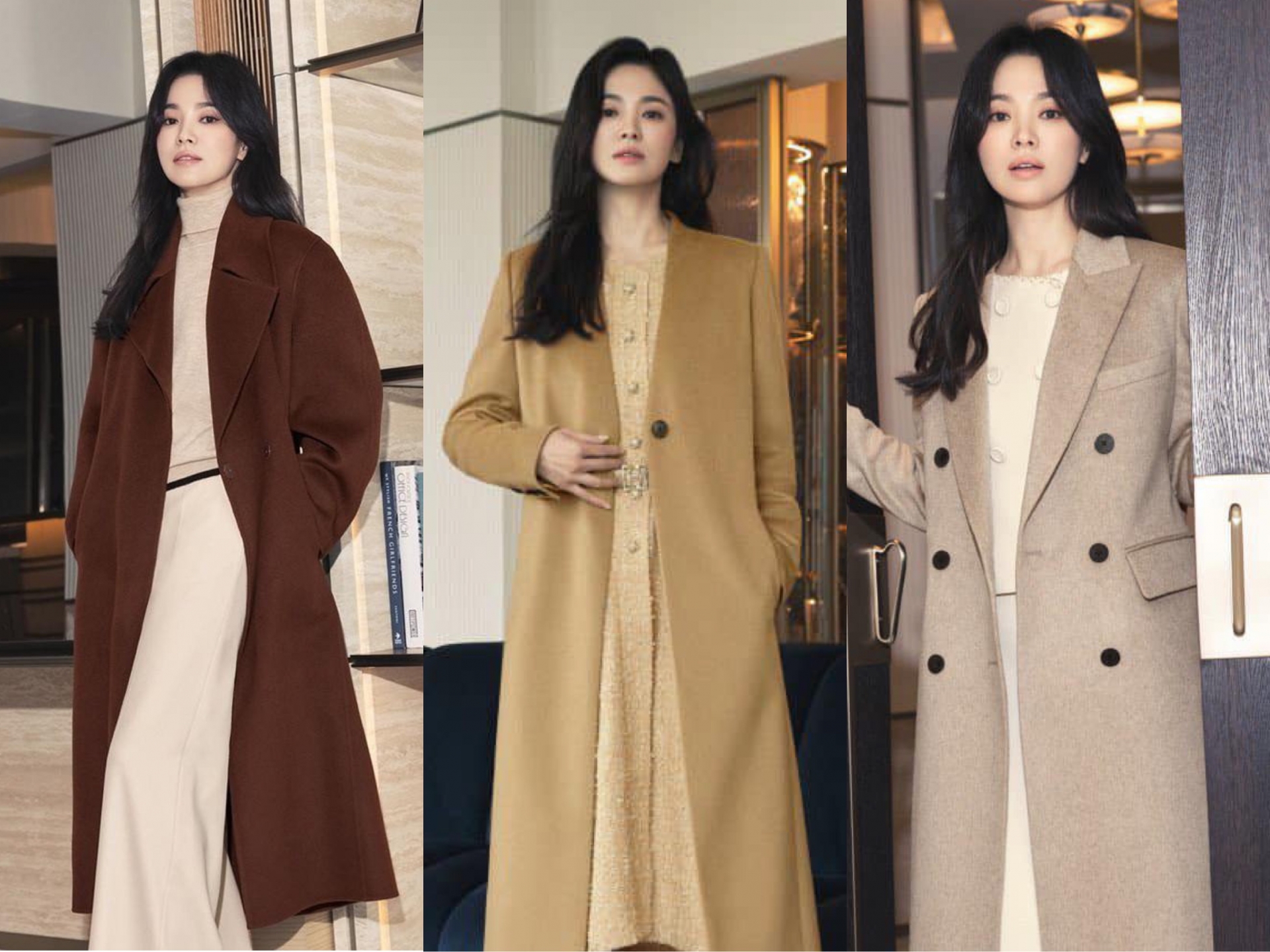 Áo khoác dáng dài là một lựa chọn tối ưu cho mọi cô gái. Trong bộ ảnh này, Song Hye Kyo cũng lựa chọn áo trench coat có màu sắc trung tính và phom dáng cứng cáp. Khi mix cùng váy dạ hoặc áo len, chân váy đồng màu sẽ tạo nên tổng thể hài hoà.