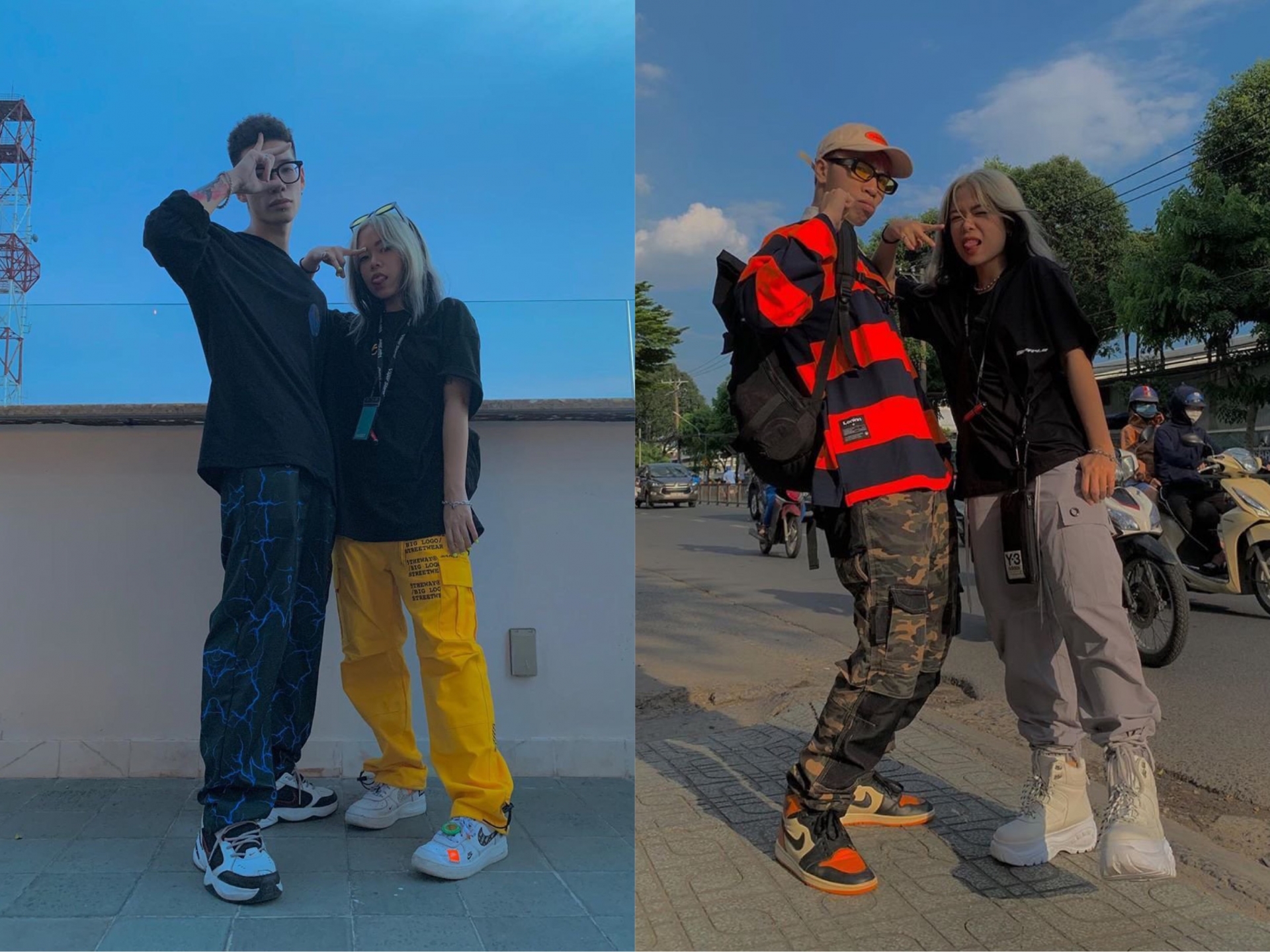 Là những rapper mang đậm phong cách hiphop, style của cặp đôi MCK - Tlinh thường có sự xuất hiện của những chiếc quần túi hộp cá tính, áo phông oversized cùng giày sneaker chunky hầm hố.