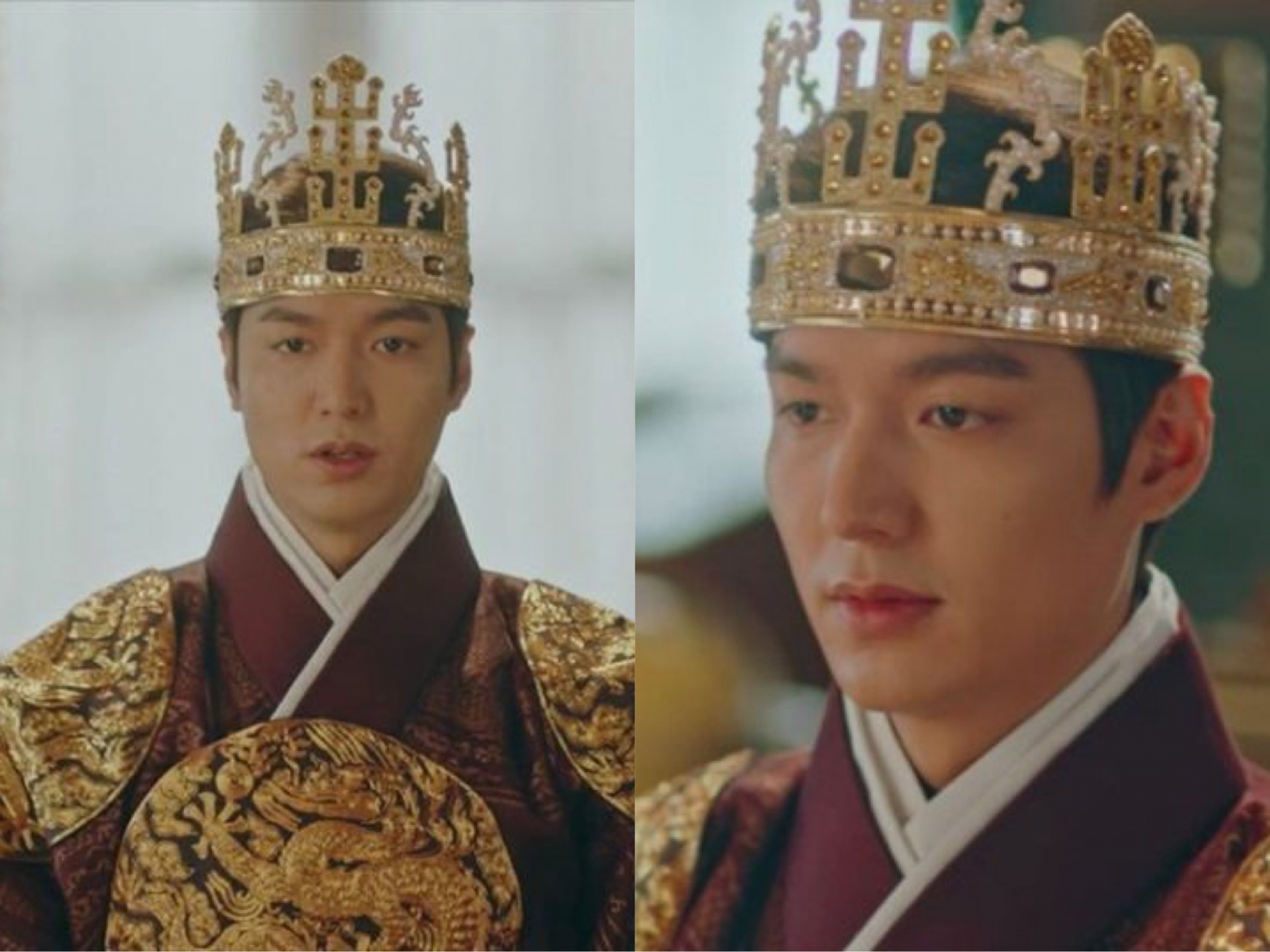 Chiếc vương miện không hề 'ăn nhập' với bộ trang phục khiến Lee Min Ho trông rất hài hước. Mặc dù nam thần giữ biểu cảm lạnh lùng nhưng netizen vẫn không thể nhịn cười nổi.