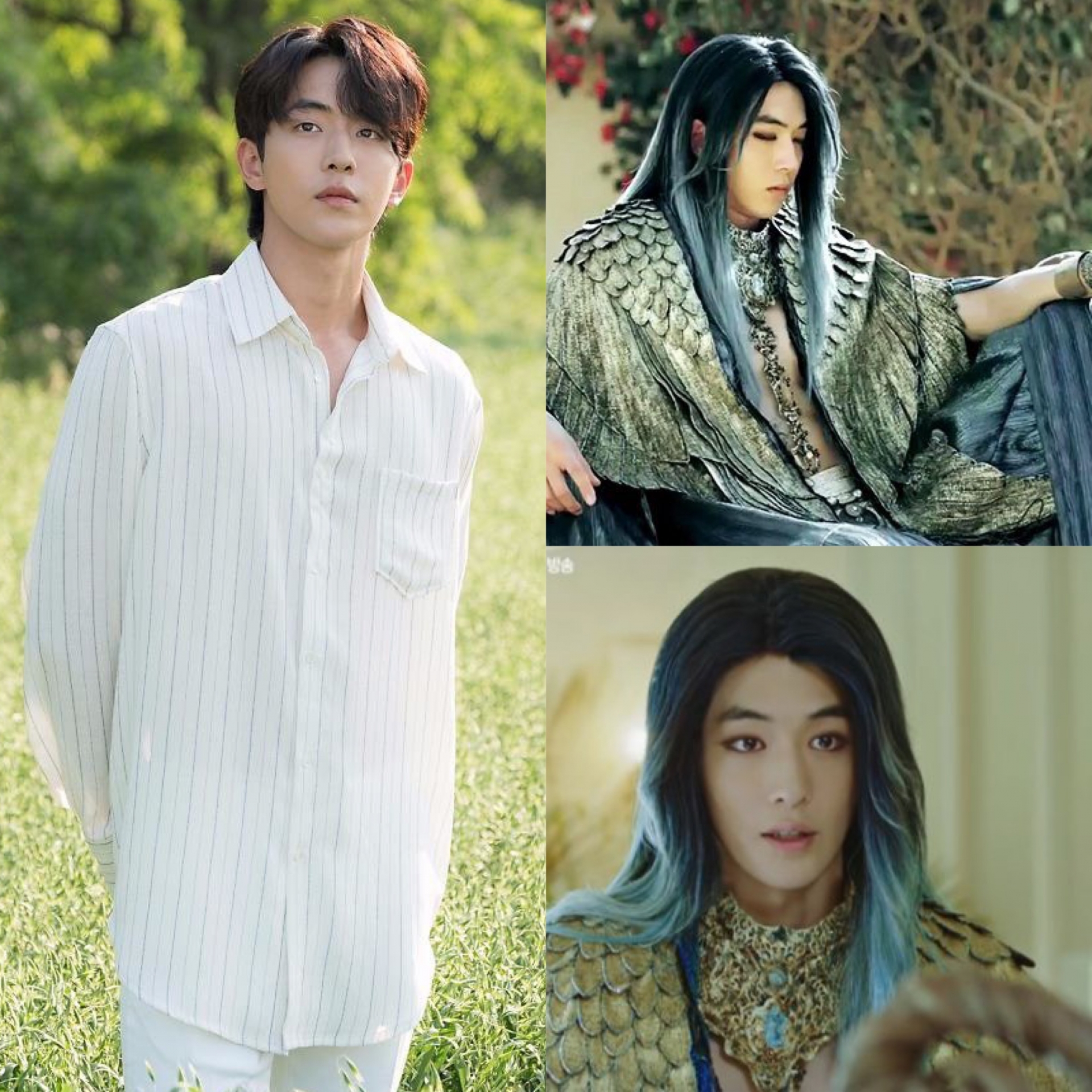 Thuỷ thần Ha Baek bên trái với diện mạo chuẩn 'chàng thơ' khiến fan 'gục ngã' khi nhìn thấy tạo hình cổ trang. Mái tóc xanh cùng loạt trang phục của Nam Joo Hyuk thật sự nhìn vào chỉ muốn 'trầm cảm'.