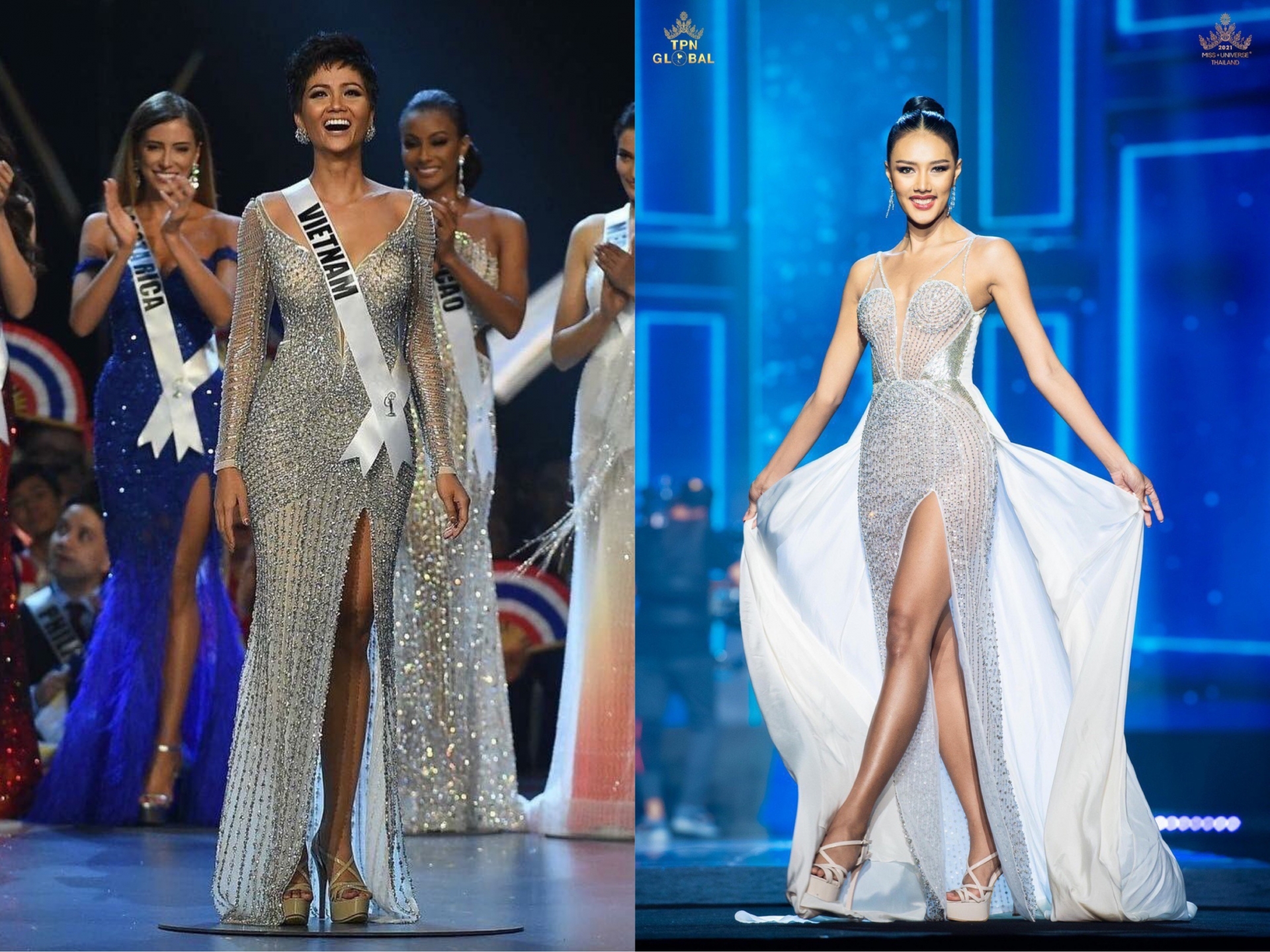 Không dừng ở đó, trong chính đêm bán kết này, netizen cũng nhận ra một thí sinh khác diện một thiết kế khá tương đồng với bộ váy huyền thoại của nàng Hoa hậu Việt Nam.