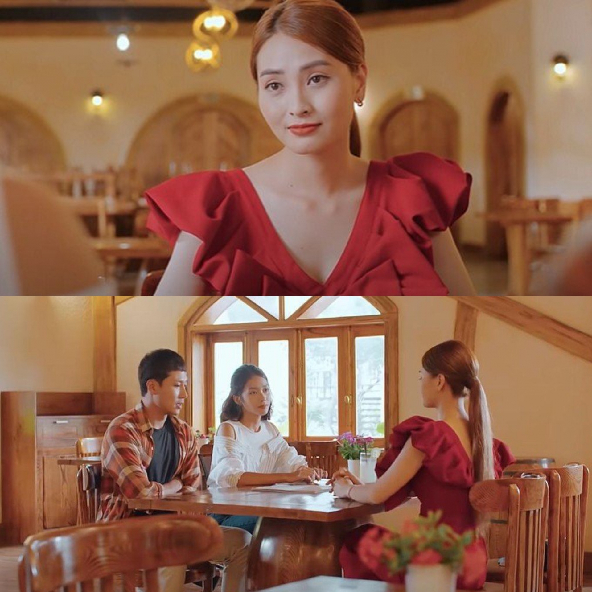 Ngồi chung một khung hình nhưng chiếc váy đỏ quyến rũ của Trang đã làm 'lu mờ' cả Đăng và Nhi. Sự đối lập trong phong cách ăn mặc của Nhi và tình địch cho thấy hai tính cách hoàn toàn trái ngược nhau.