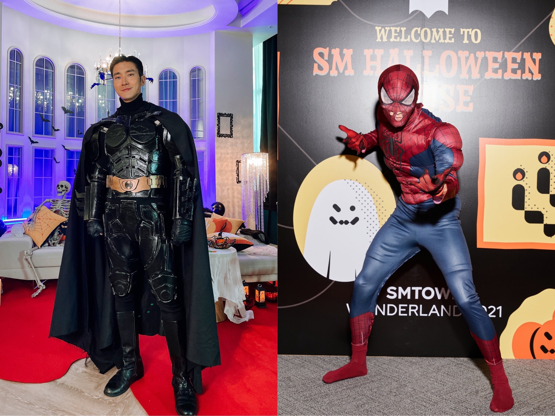 Các nhân vật siêu anh hùng là nhân vật không thể thiếu trong các bữa tiệc hoá trang. Anh chàng Siwon (Super Junior) lựa chọn trở thành Batman còn Mark (NCT) lại hoá trang thành Spider Man nhưng có vẻ hơi 'lỗi' vì chiếc mặt nạ.