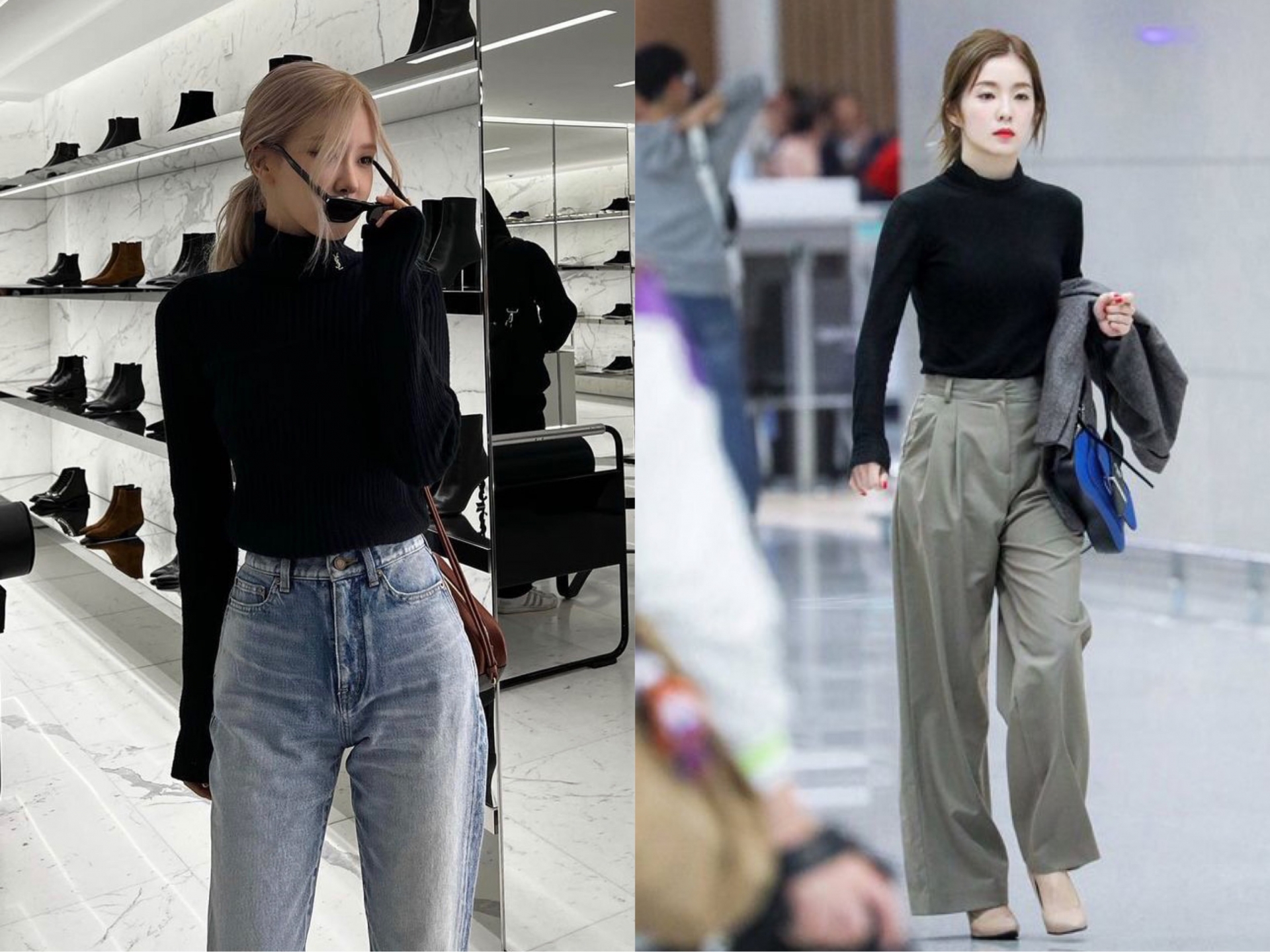 Bạn có thể chọn mix áo cổ lọ với quần jeans để trông sành điệu như Rosé hoặc mix cùng quần ống suông cổ điển và thanh lịch như Irene.