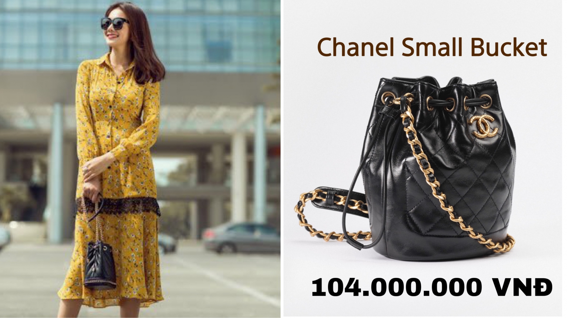 Chiếc túi nhỏ bé thuộc dòng Chanel Small Bucket được người đẹp kết hợp cùng với các trang phục nữ tính.
