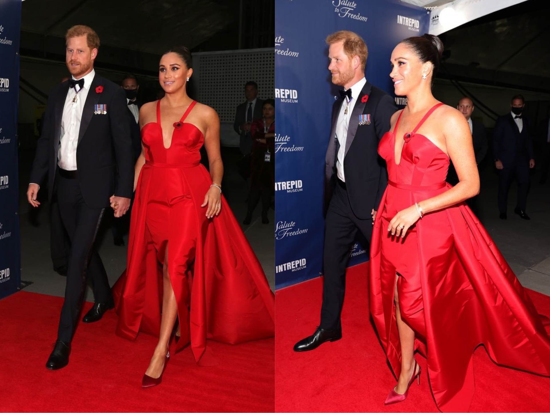 Vợ chồng hoàng tử Harry là khách mời đặc biệt của sự kiện và Meghan trở thành nhân vật nổi bật nhất nhờ chiếc váy đỏ rực rỡ.