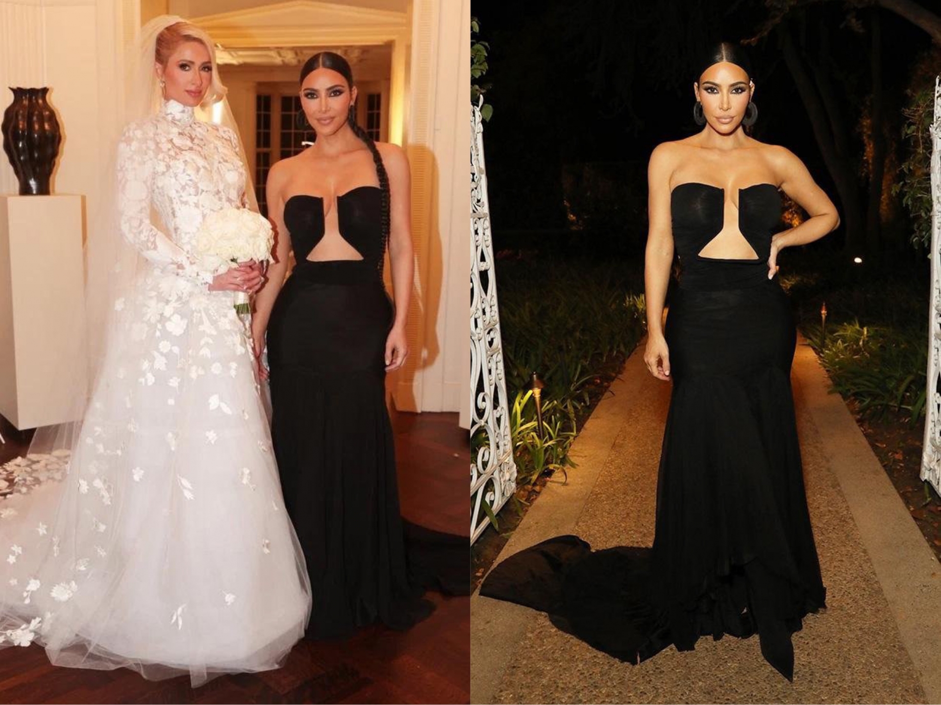 Kim Kardashian xuất hiện tại đám cưới của cô bạn thân Paris Hilton trong chiếc váy đen trơn màu nhưng chi tiết khoét ngực sâu đến tận bụng lại khiến thu hút mọi ánh nhìn.